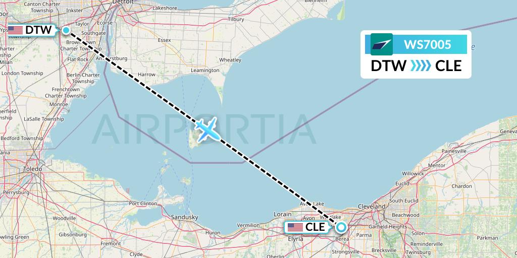 WS7005 WestJet Flight Map: Detroit to Cleveland
