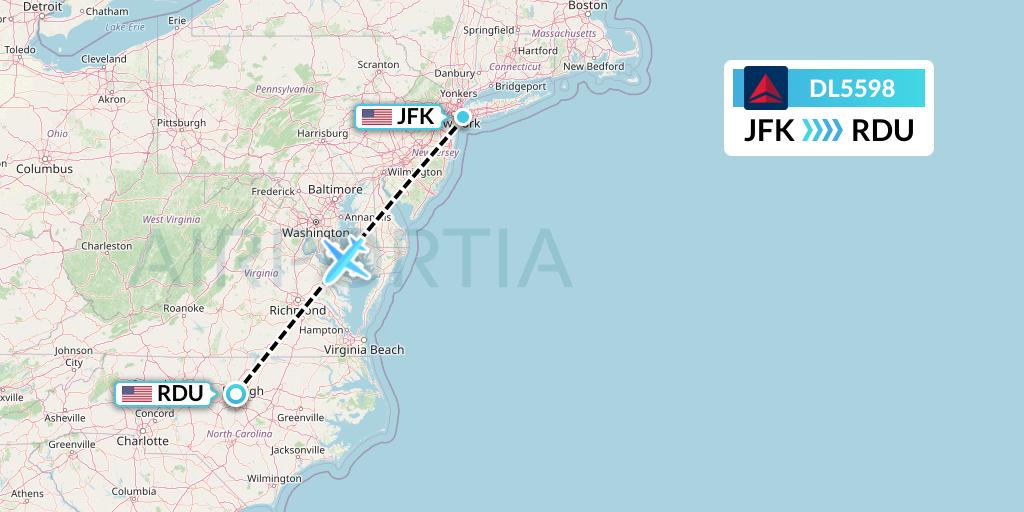 DL5598 Delta Air Lines Flight Map: New York to Raleigh-Durham