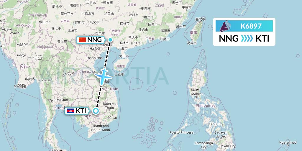 K6897 Cambodia Angkor Air Flight Map: Nanning to Kratie