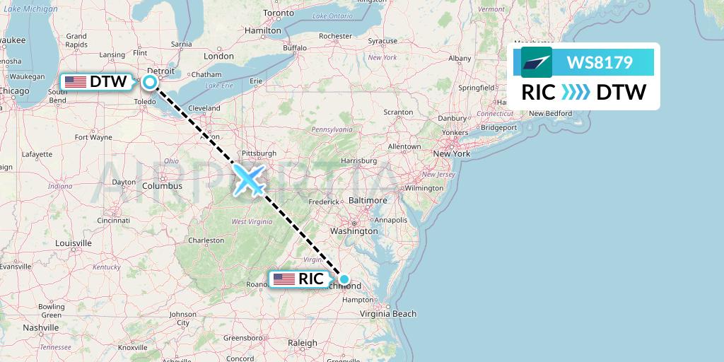WS8179 WestJet Flight Map: Richmond to Detroit
