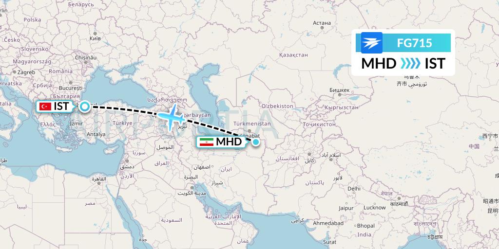 FG715 Ariana Afghan Airlines Flight Map: Mashhad to Istanbul