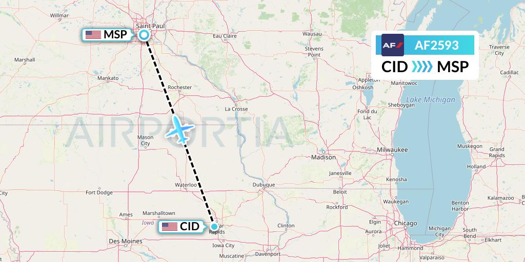 AF2593 Air France Flight Map: Cedar Rapids to Minneapolis