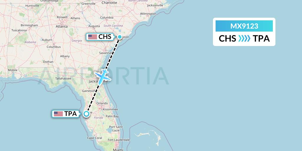 MX9123 Breeze Airways Flight Map: Charleston to Tampa