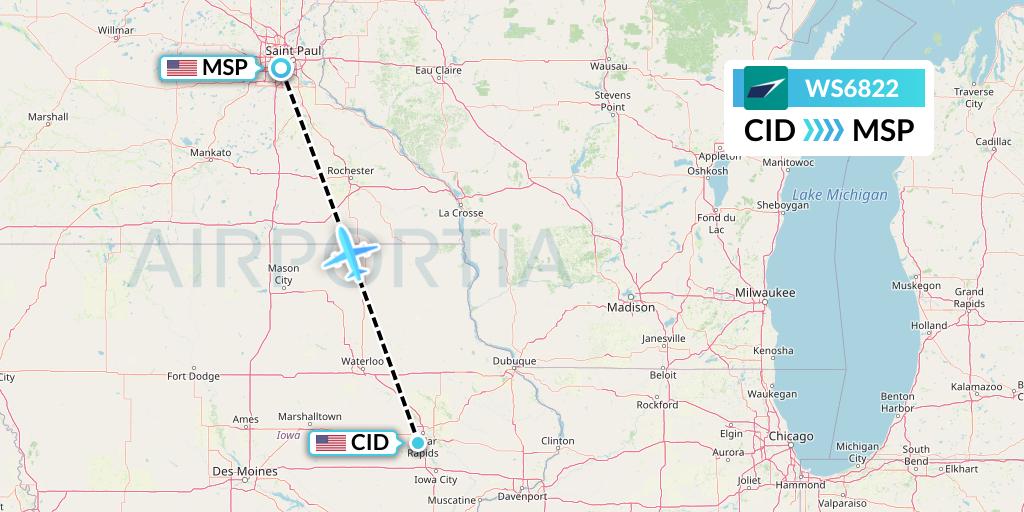 WS6822 WestJet Flight Map: Cedar Rapids to Minneapolis