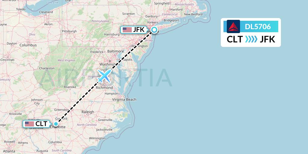 DL5706 Delta Air Lines Flight Map: Charlotte to New York