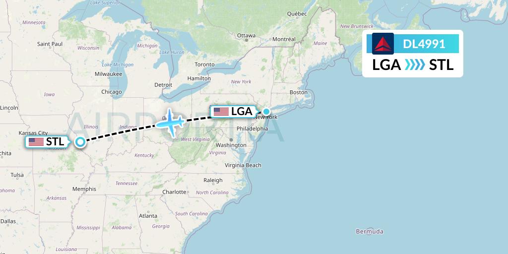 DL4991 Delta Air Lines Flight Map: New York to St. Louis