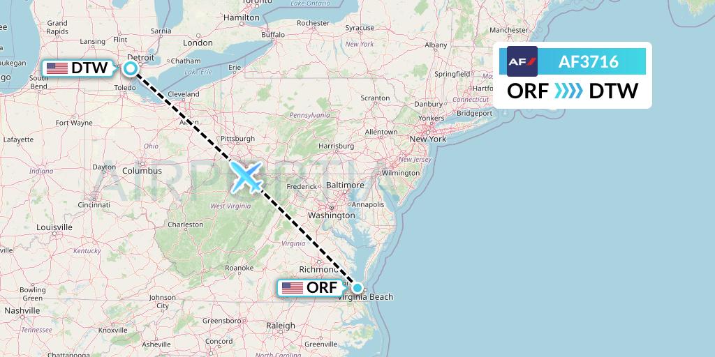AF3716 Air France Flight Map: Norfolk to Detroit