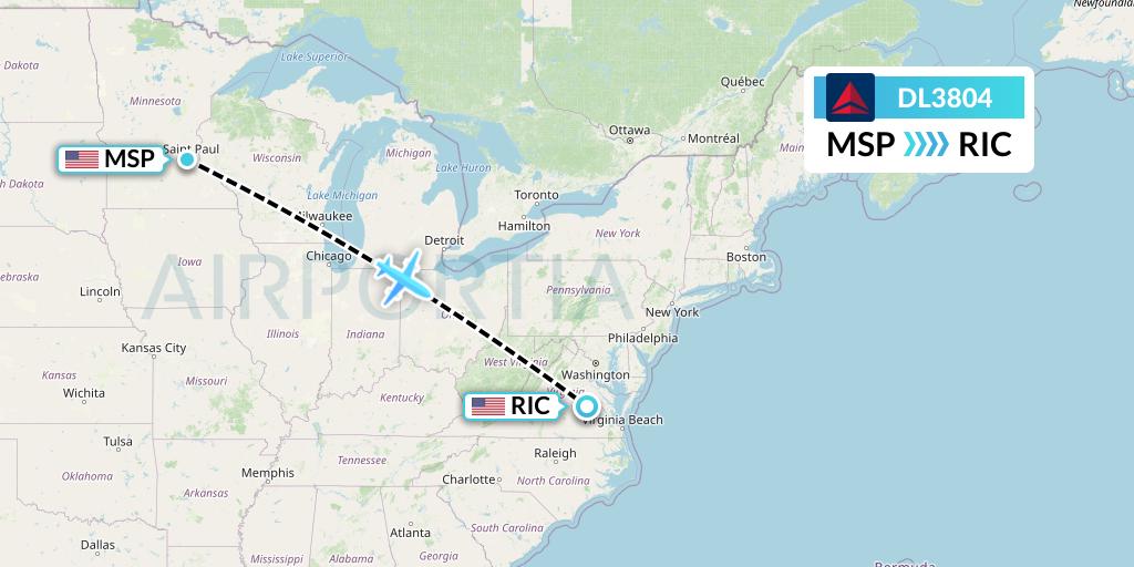 DL3804 Delta Air Lines Flight Map: Minneapolis to Richmond