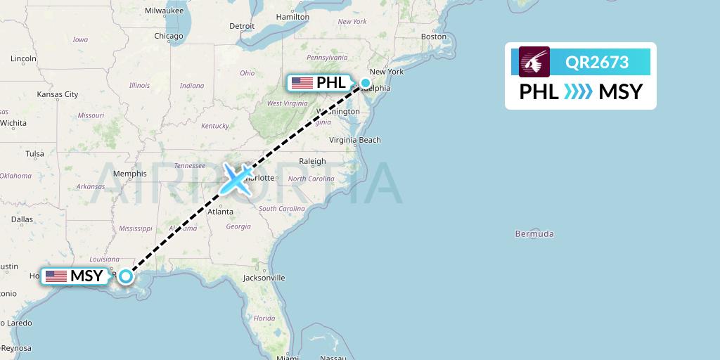QR2673 Qatar Airways Flight Map: Philadelphia to New Orleans