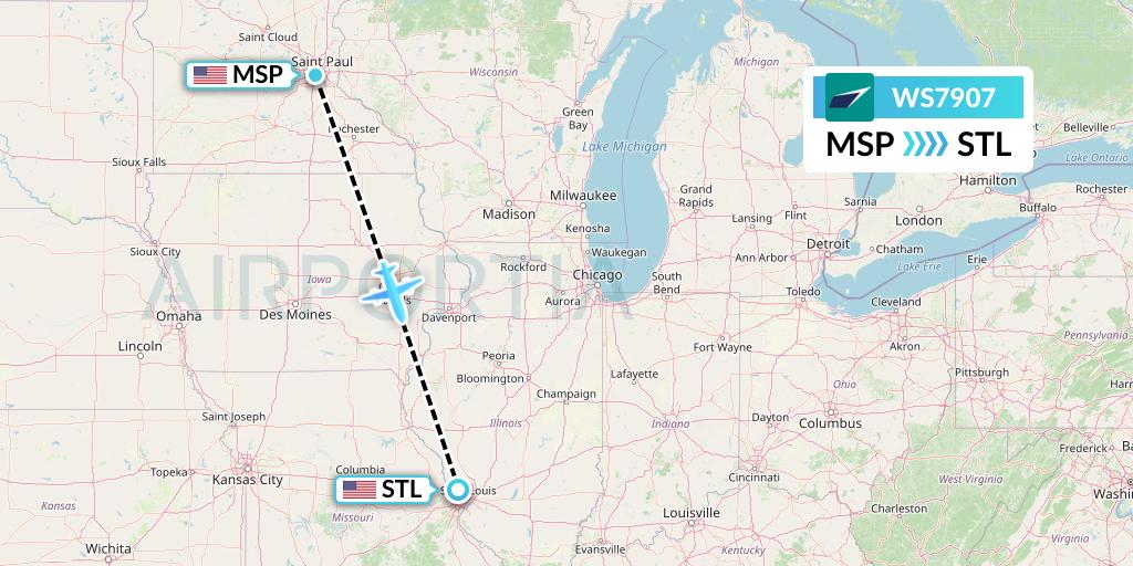 WS7907 WestJet Flight Map: Minneapolis to St. Louis