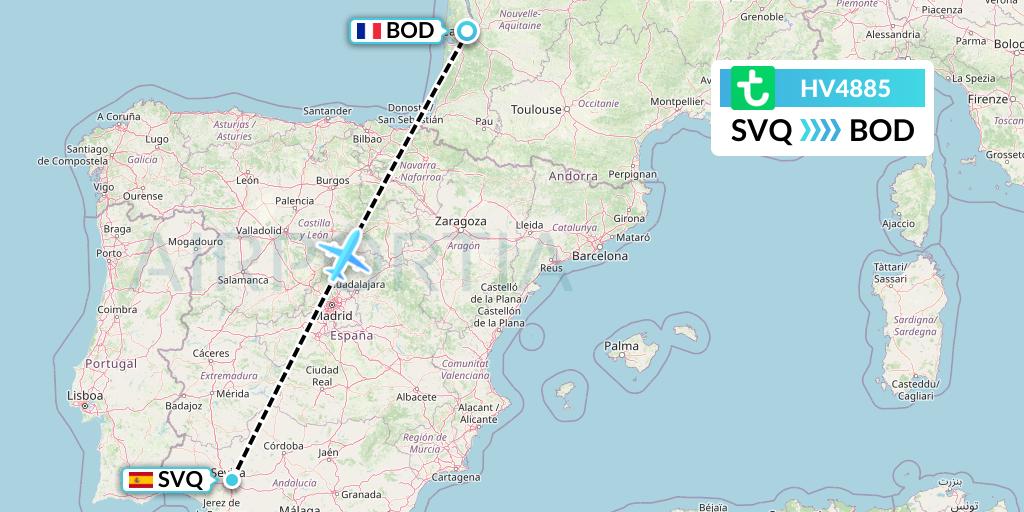 HV4885 Transavia Flight Map: Seville to Bordeaux