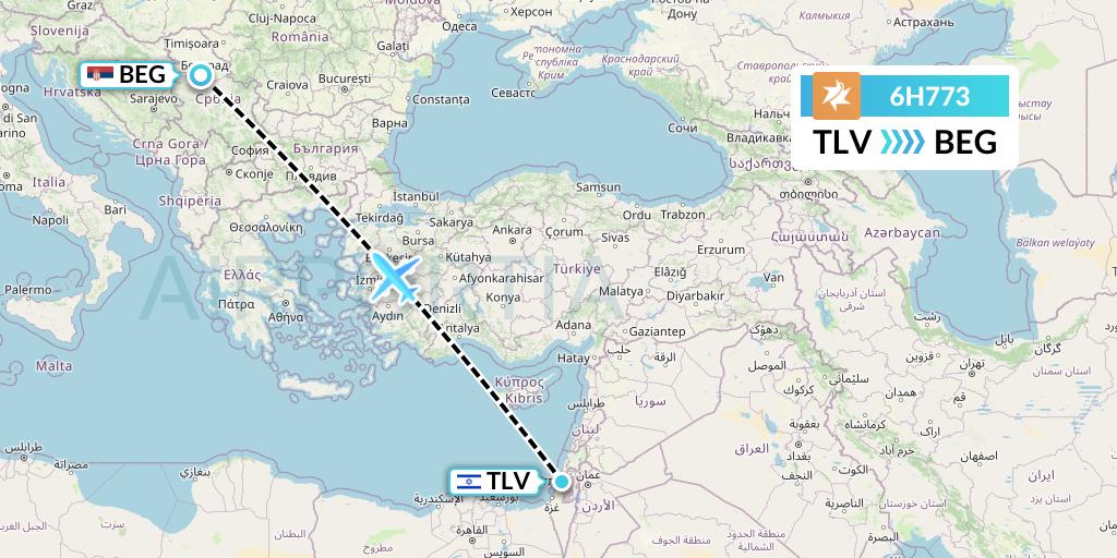 6H773 Israir Airlines Flight Map: Tel Aviv to Belgrade