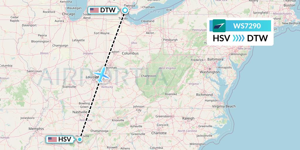 WS7290 WestJet Flight Map: Huntsville to Detroit