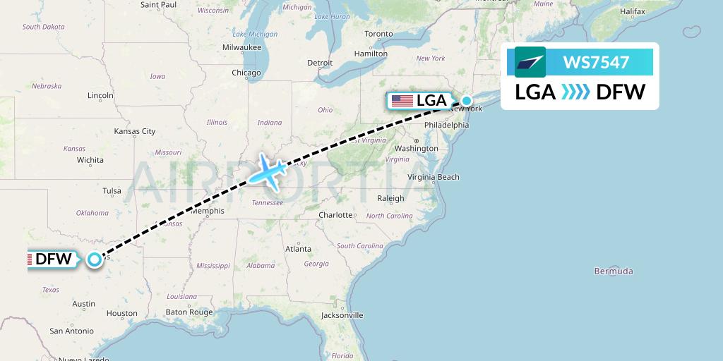WS7547 WestJet Flight Map: New York to Dallas