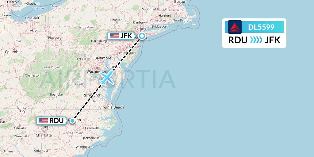 DL5599 Delta Air Lines Flight Map: Raleigh-Durham to New York