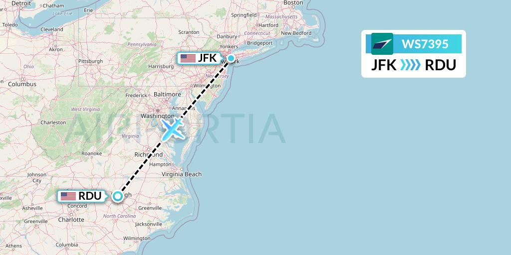 WS7395 WestJet Flight Map: New York to Raleigh-Durham