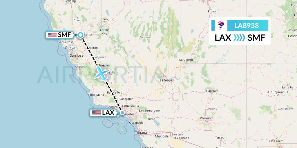 LA8938 LAN Airlines Flight Map: Los Angeles to Sacramento