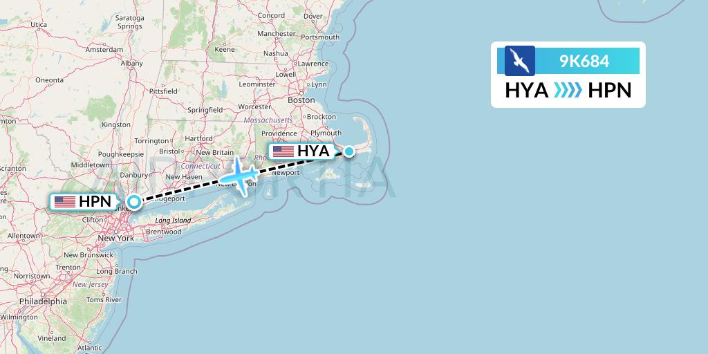 9K684 Cape Air Flight Map: Hyannis to White Plains