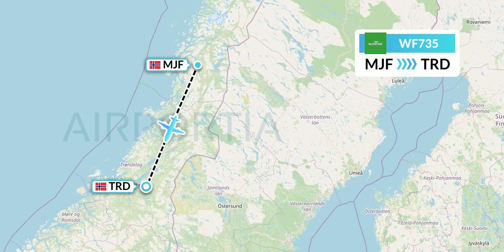 WF735 Wideroe Flight Map: Mosjoen to Trondheim