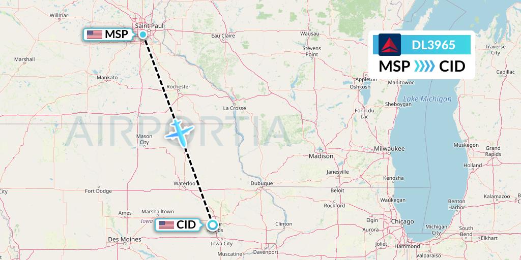 DL3965 Delta Air Lines Flight Map: Minneapolis to Cedar Rapids