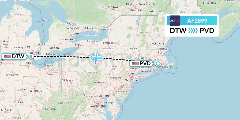 AF2899 Air France Flight Map: Detroit to Providence