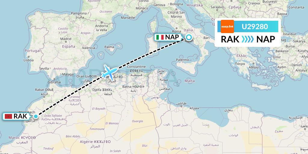 U29280 EasyJet Flight Map: Marrakesh to Naples