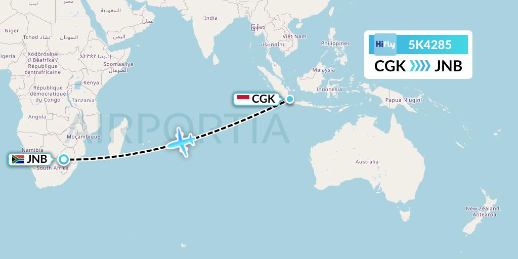 5K4285 Hi Fly Flight Map: Jakarta to Johannesburg