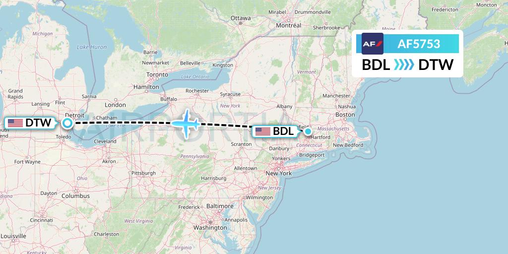 AF5753 Air France Flight Map: Windsor Locks to Detroit