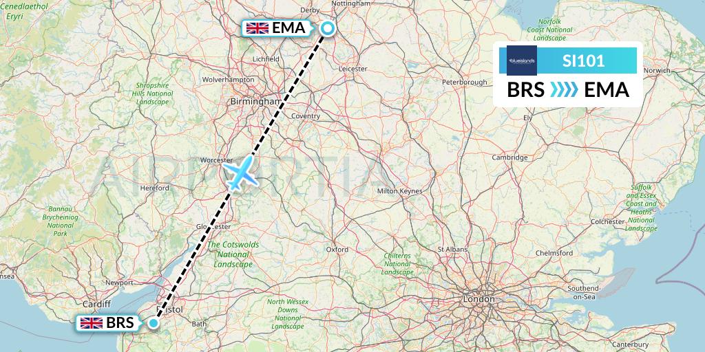SI101 Blue Islands Flight Map: Bristol to East Midlands