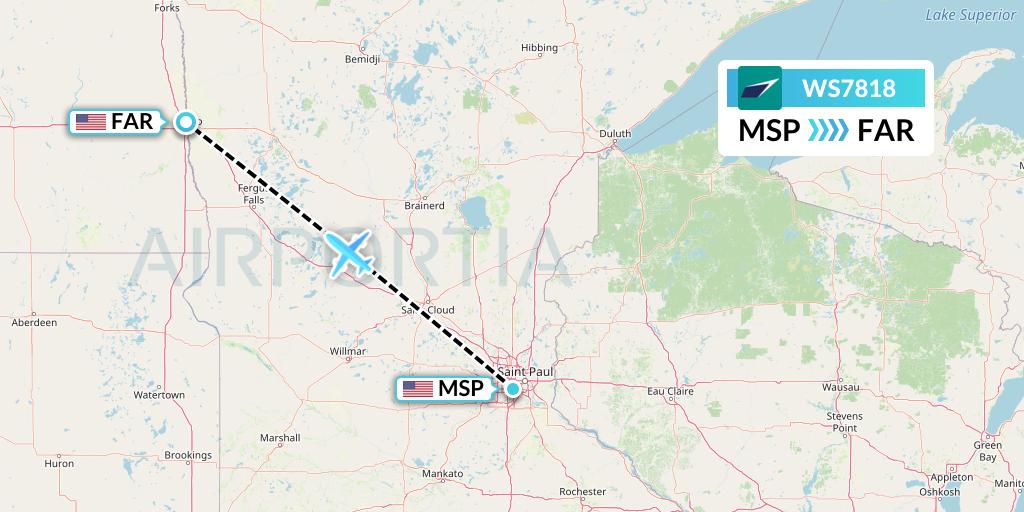 WS7818 WestJet Flight Map: Minneapolis to Fargo