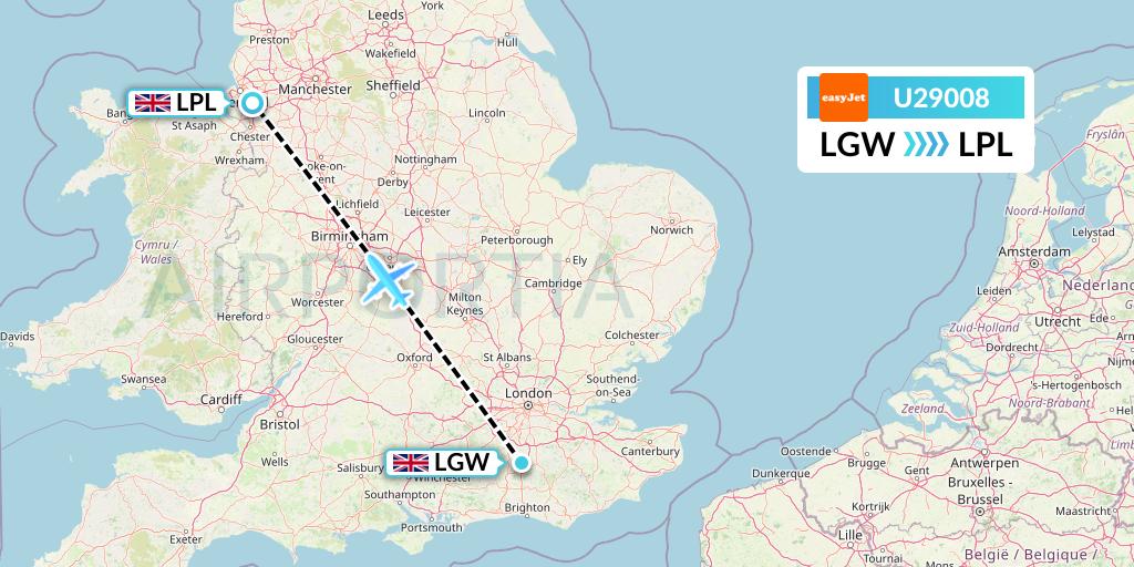 U29008 EasyJet Flight Map: London to Liverpool