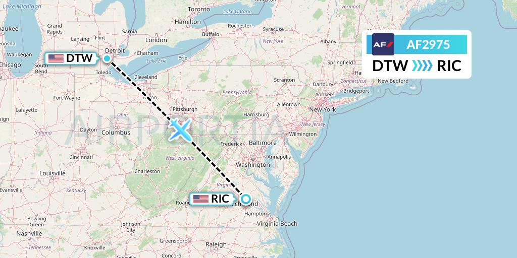 AF2975 Air France Flight Map: Detroit to Richmond