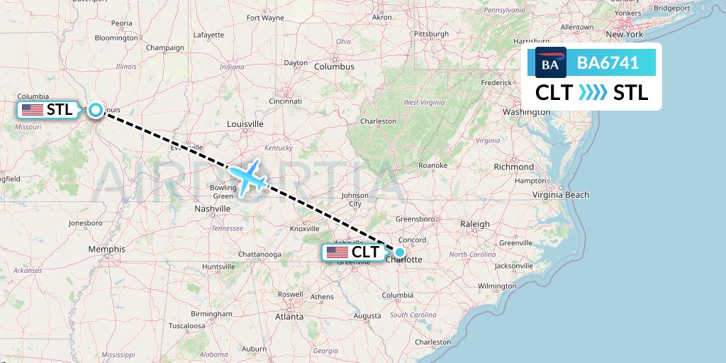 BA6741 British Airways Flight Map: Charlotte to St. Louis