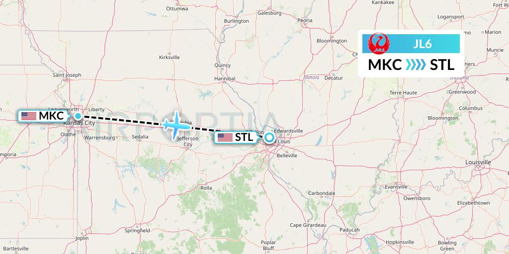 JL6 Japan Airlines Flight Map: Kansas City to St. Louis