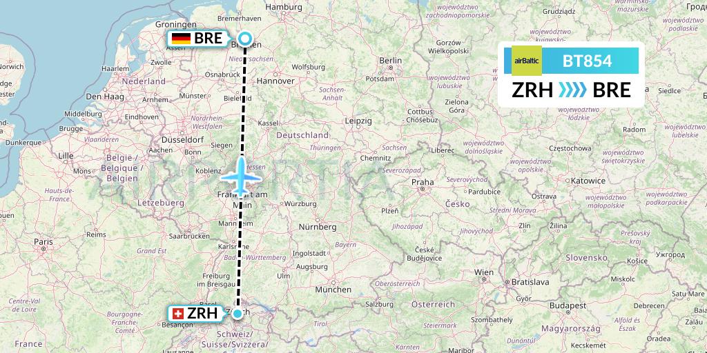BT854 Air Baltic Flight Map: Zurich to Bremen