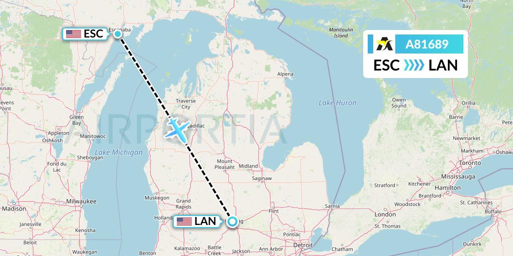 A81689 Aerolink Uganda Flight Map: Escanaba to Lansing