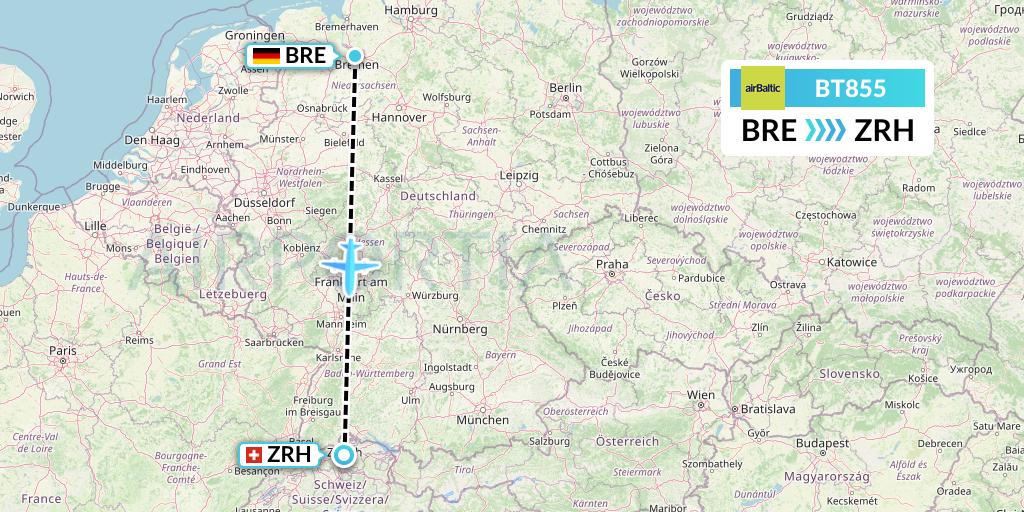 BT855 Air Baltic Flight Map: Bremen to Zurich