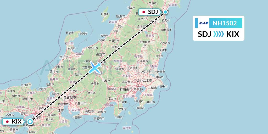 NH1502 All Nippon Airways Flight Map: Sendai to Osaka
