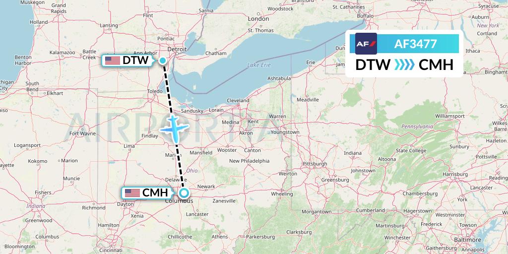 AF3477 Air France Flight Map: Detroit to Columbus