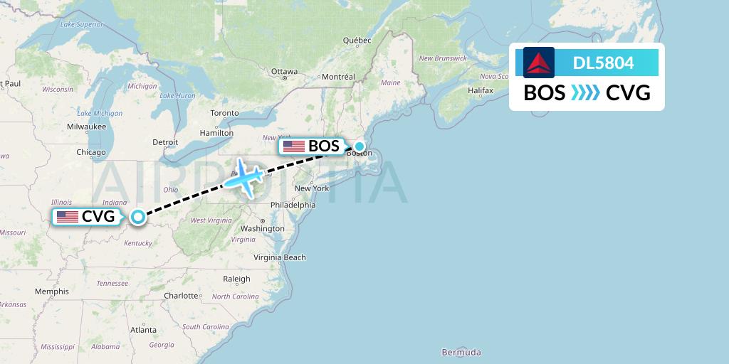 DL5804 Delta Air Lines Flight Map: Boston to Cincinnati