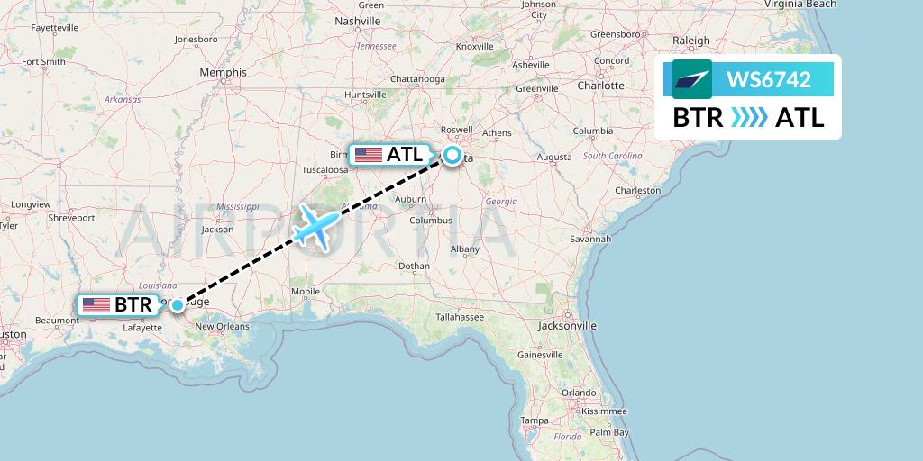 WS6742 WestJet Flight Map: Baton Rouge to Atlanta