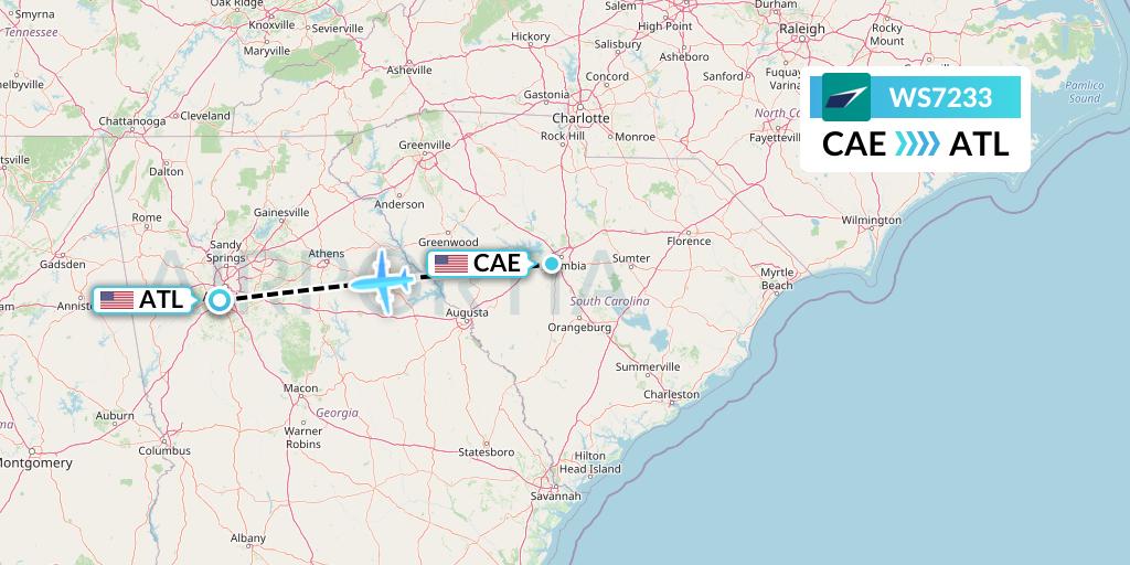 WS7233 WestJet Flight Map: Columbia to Atlanta