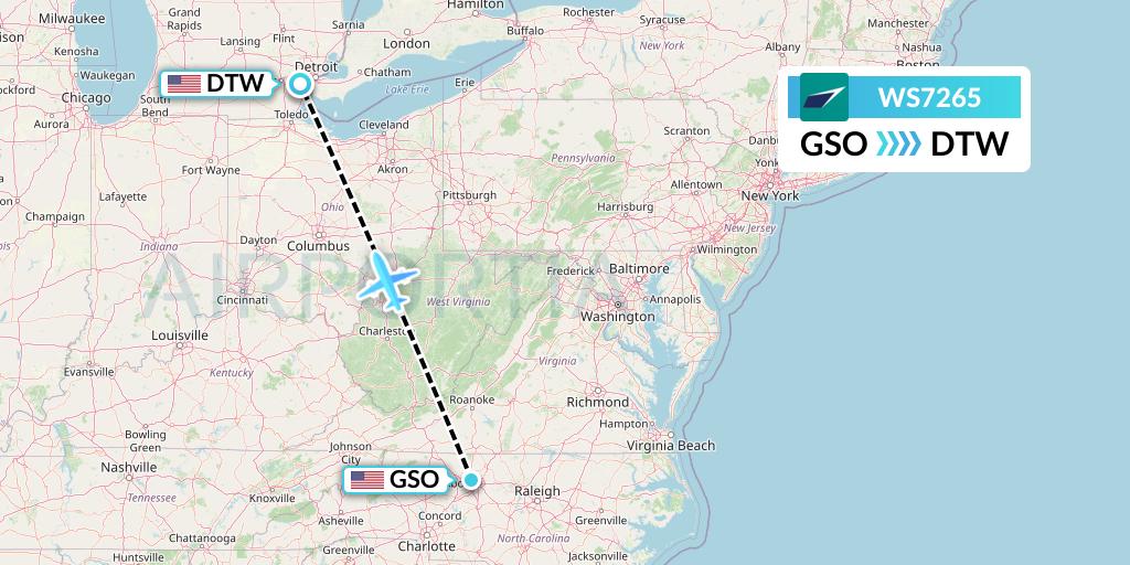 WS7265 WestJet Flight Map: Greensboro to Detroit