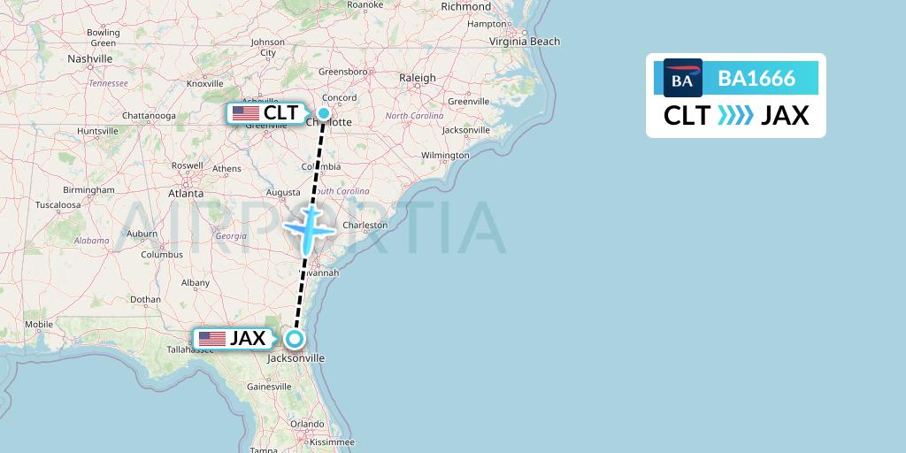 BA1666 British Airways Flight Map: Charlotte to Jacksonville