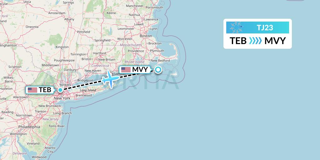TJ23 Tradewind Aviation Flight Map: Teterboro to Martha's Vineyard