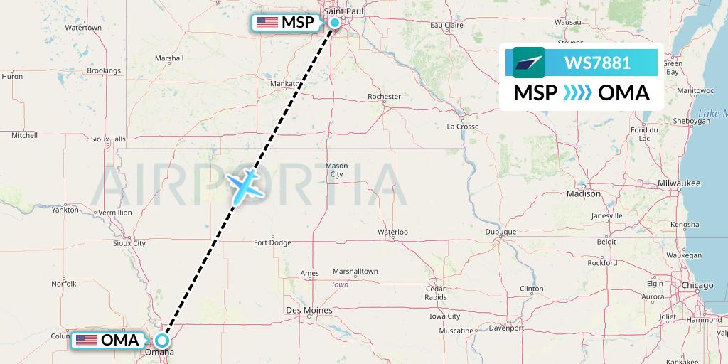 WS7881 WestJet Flight Map: Minneapolis to Omaha