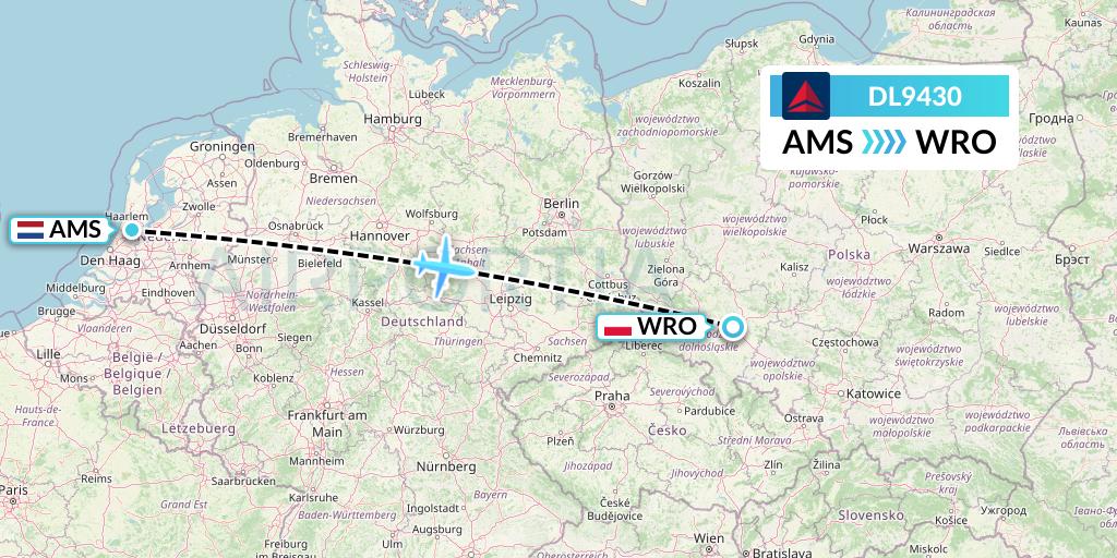 DL9430 Delta Air Lines Flight Map: Amsterdam to Wroclaw