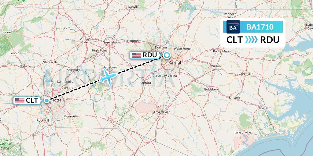 BA1710 British Airways Flight Map: Charlotte to Raleigh-Durham