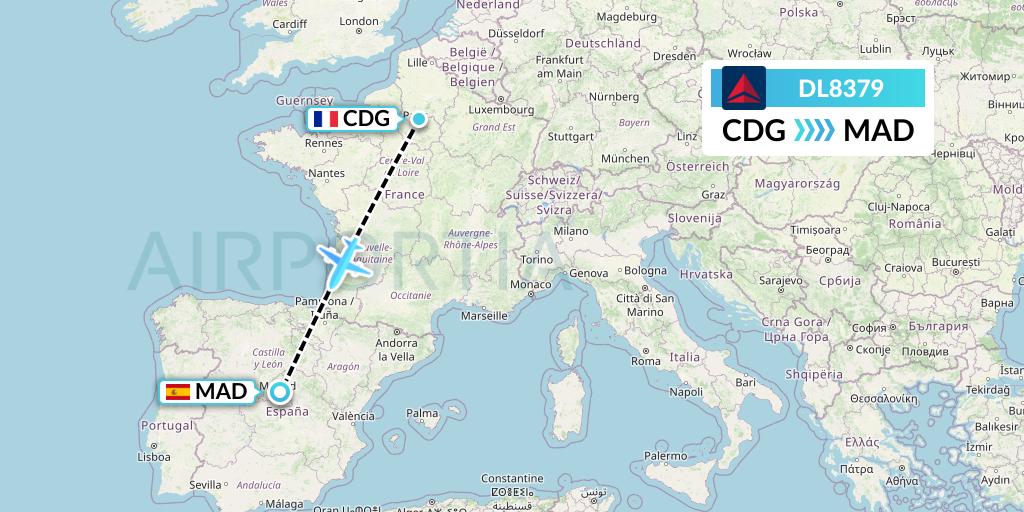 DL8379 Delta Air Lines Flight Map: Paris to Madrid