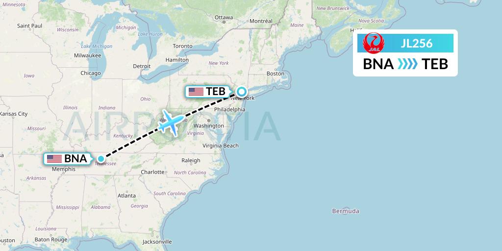 JL256 Japan Airlines Flight Map: Nashville to Teterboro